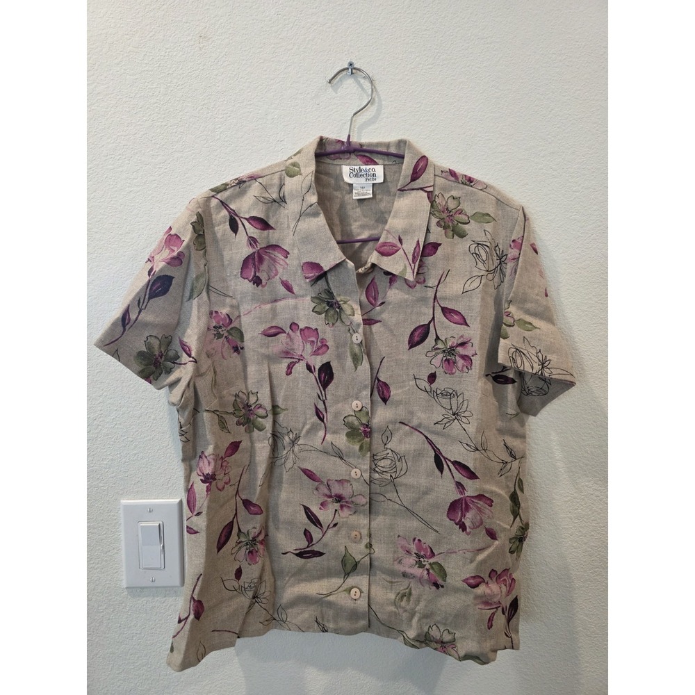 VTG Style & Co Camp Shirt Sz 14P 100% Linen Tan Pink Floral Granola Quiet Luxury - Picture 2 of 5